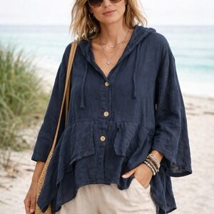 Tempo Paris Womens Linen Lagenlook Hooded Shirt Sz M/L Navy Oversized Boho Beach